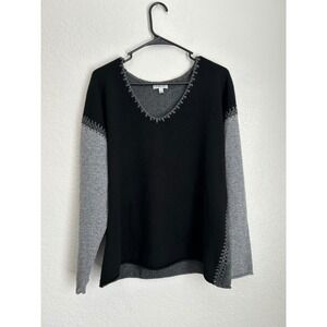 JOHNNY WAS Black Grey Whipstitch 100% Cashmere Sweater L Quiet Luxury Cozy‎
